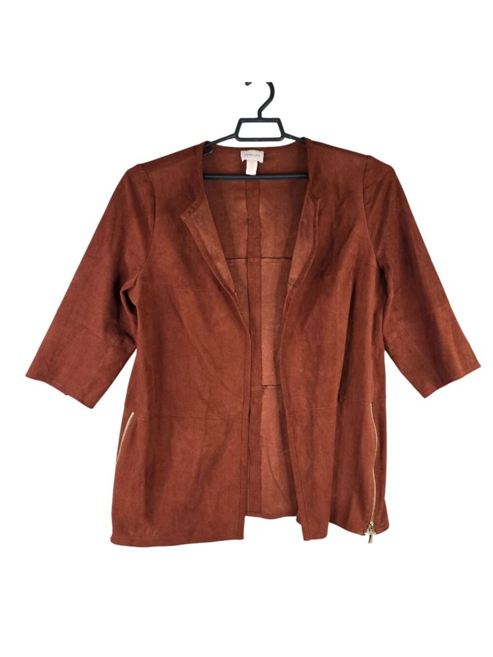 Womens Chico's Brown Faux Suede Open Front Cardigan Jacket Zipper Sides Size 2